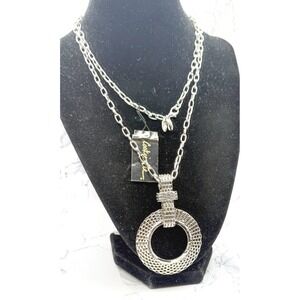Cookie Lee Silver Mesh Pendant Necklace Double Clasp 31" NWT Statement